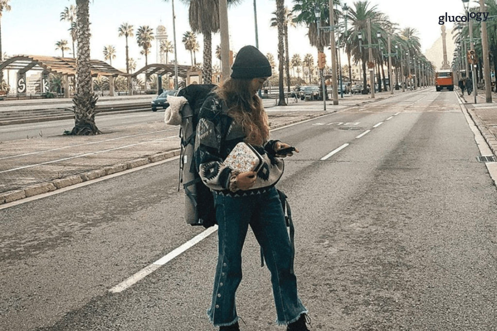 Women using Glucology Travel case while is traveling