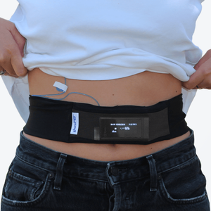 Insulin Pump Belt Black  Our Glucology pump belt is fitted with a wide opening, allowing you to place and remove items easily without any hassle. Its mesh panel is designed for easy viewing and operation of your pump without needing to remove the belt or take it out of the pouch. 